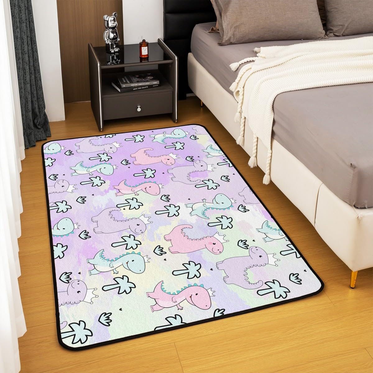 Erosebridal Dinosaur Area Rug 3'x5', Kawaii Dinosaur Carpet for Kids Girls Boys Teens Gift Bedroom Decor, Cartoon Cute Animals Decorative Rug Mat,Palm Leaf Accent Rug Set, Green Purple Pink