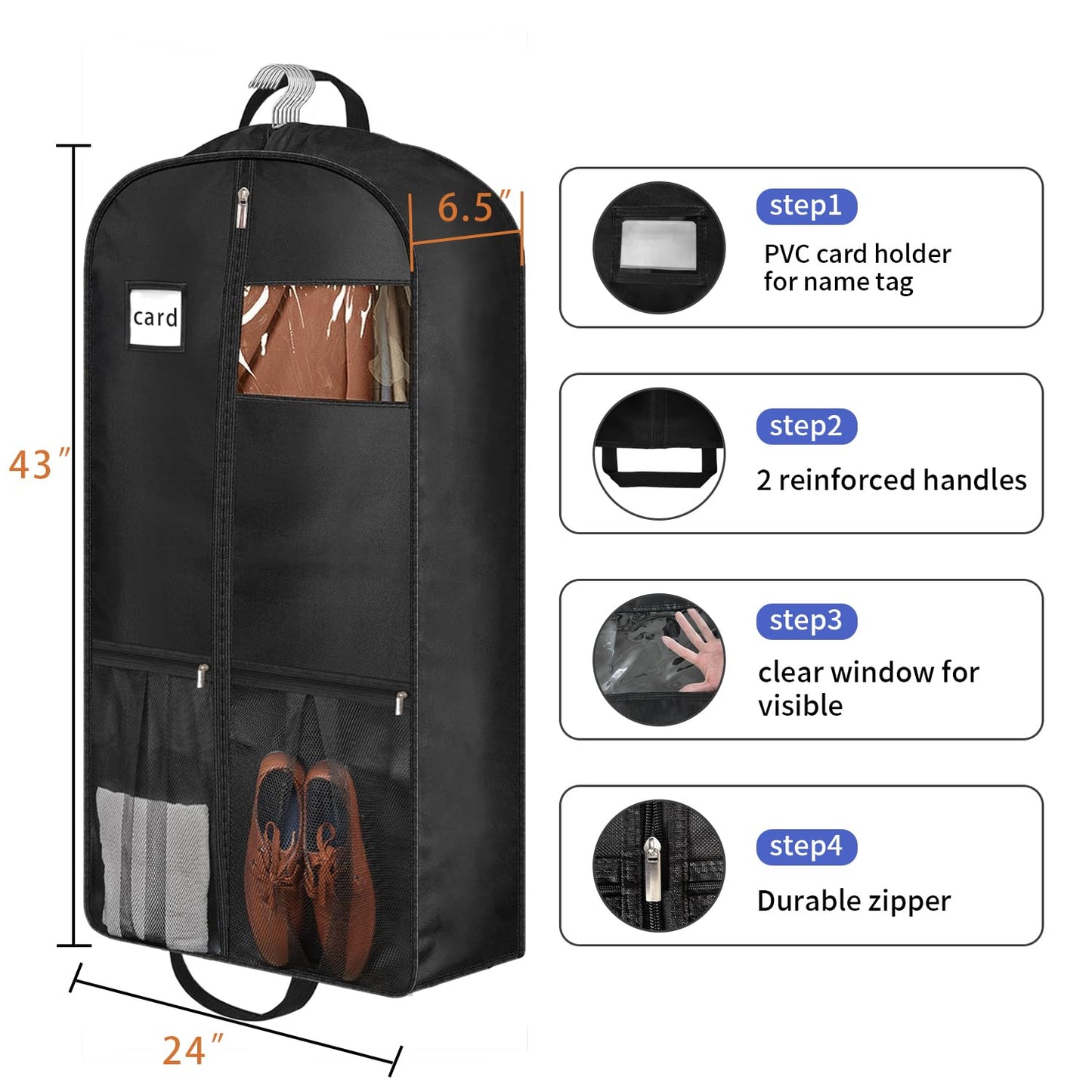 BH7STAR 43" Heavy Duty Garment Bags for Travel 6.5" Gusseted Suit Bags for Closet Storage 2 Handles Hanging Clothes Bag with Pocket Mens Suit Cover for Shirts, Coats, Dresses, Suit Holder, 2 Pack