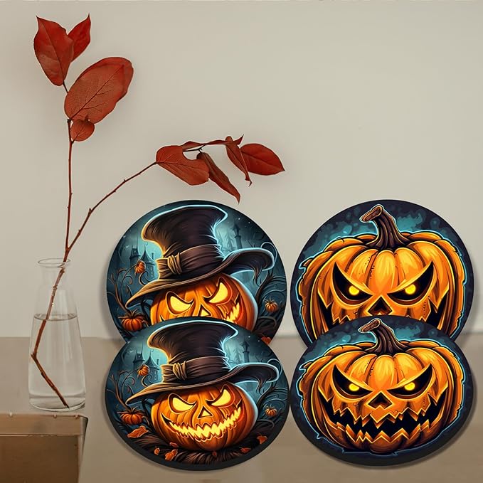 Halloween Pumpkin Electric Stove Burner Covers，4 Pcs Pumpkin Halloween Decor Round Stove Burner Covers，8 Inches and 10 Inches，Gas Stove Burner Cover,Metal Cooktop Halloween Decorative,Kitchen Decor