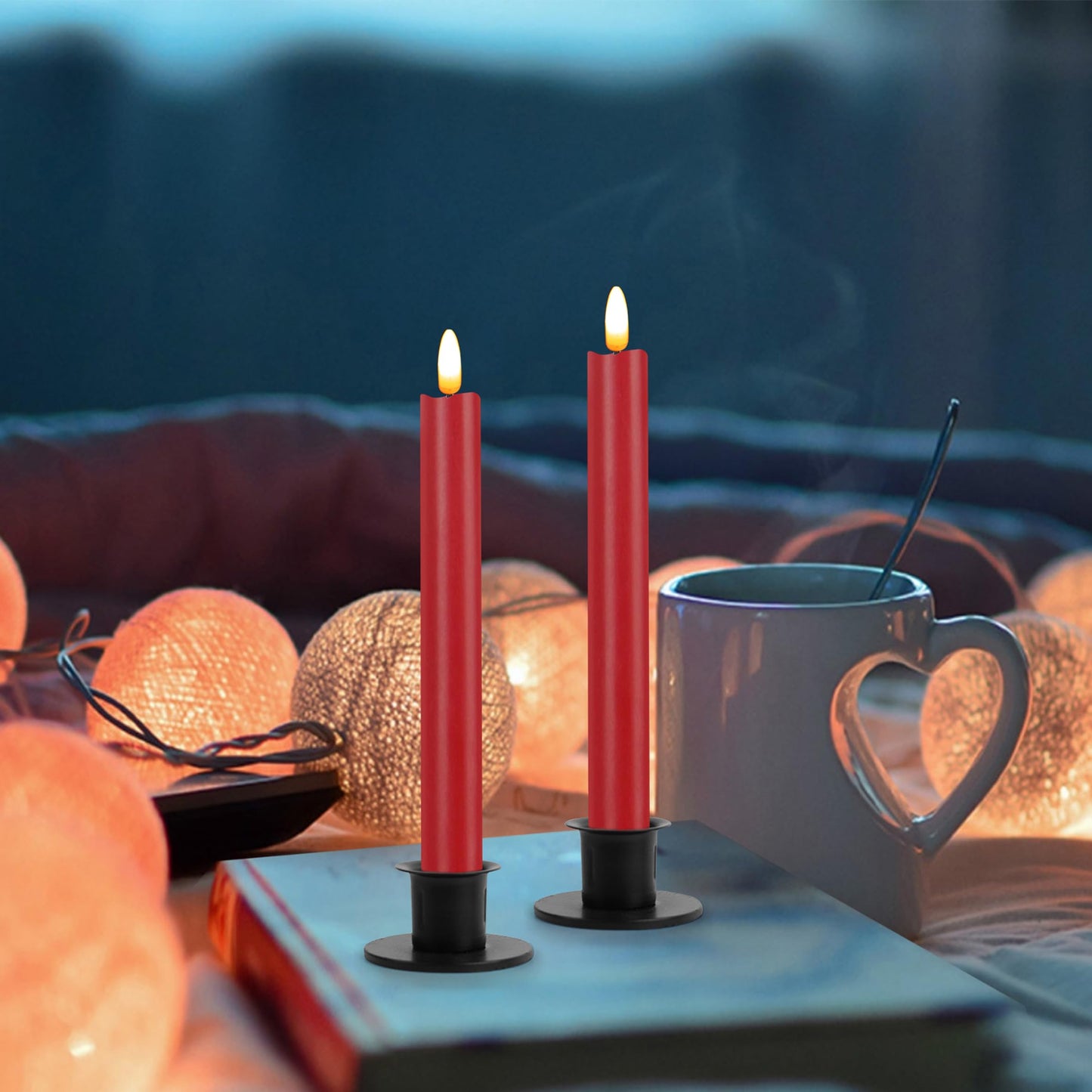 CVHOMEDECO. Real Wax Flameless Taper Candles with 10-Key Remote, Battery Operated Led Flickering 3D Wick Light Window Candles Home Christmas Party Decor 0.78 x 10 Inch, Pack of 2, Red