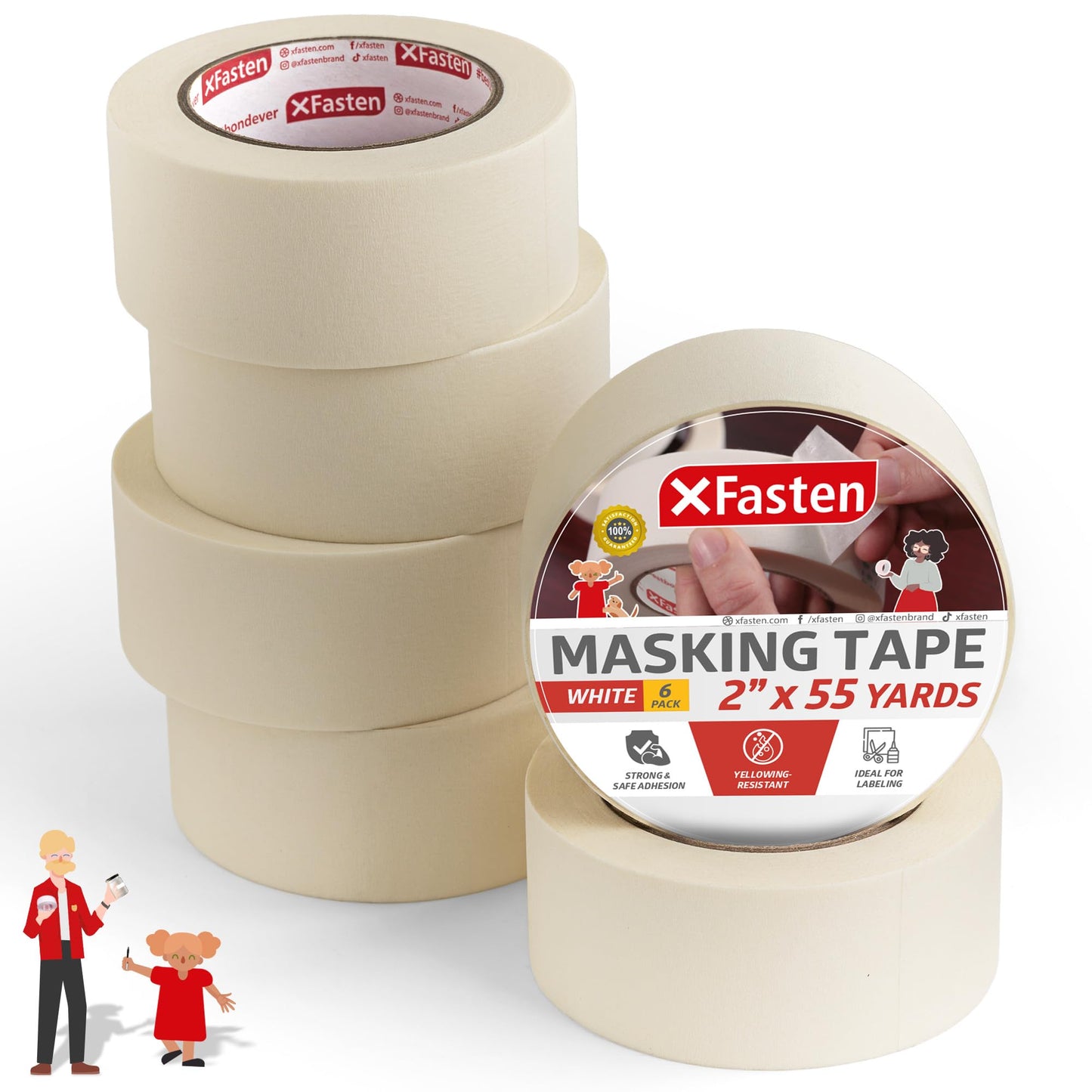 XFasten White Masking Tape 2 Inch Wide x 165 Feet (6-Pack, 990 Feet Total) Residue-Free, Easy-to-Tear Painters General Purpose Masking Tape Bulk for Artists, Painting, Art, Teacher, School Supplies