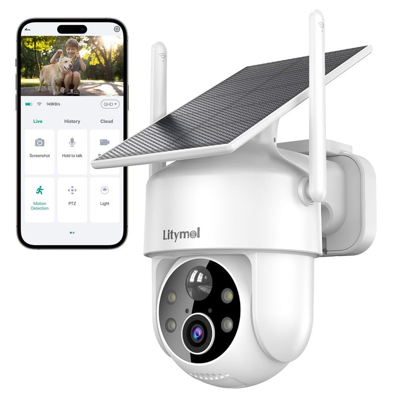 LITYMOL 2K 360° View Security Cameras Wireless Outdoor, Solar Cameras for Home Security, Color/IR Illumination Night Vision, AI Detection, 2-Way Audio, Siren Alarm, SD/Cloud Storage, 2.4g WiFi