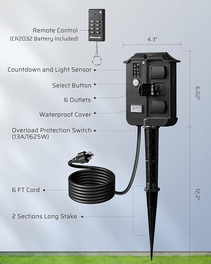 DEWENWILS Outdoor Power Stake Timer Waterproof, 6 Grounded Outlets, 6FT Extension Cord, 100FT Wireless Remote Control, Photocell Dusk to Dawn Timer for Christmas Lights, Garden, UL Listed