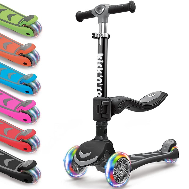 Kicknroll Kids Kick Scooter 2-in-1 Light Up 3 Wheel Scooters with 4 Levels Adjustable Handlebar, Folding Seat, Extra Wide No-Slip Deck for Girls Boys Ages 3-8 Years Old Max 110 Lbs