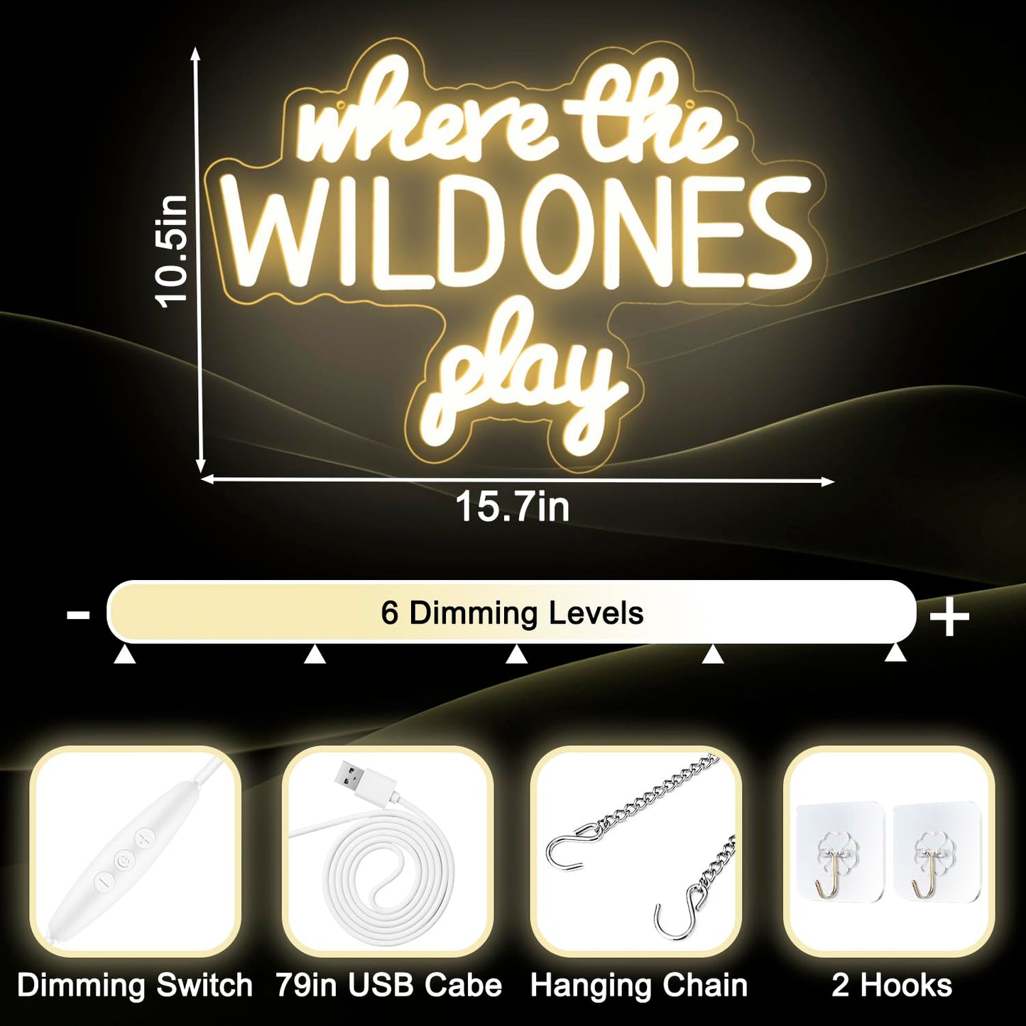 Where the Wild Ones Play Neon Sign Dimmable Neon Signs for Wall Decor Letter LED Signs USB Light Up Sign for Playroom Wall Decor Playroom Decoration Essentials