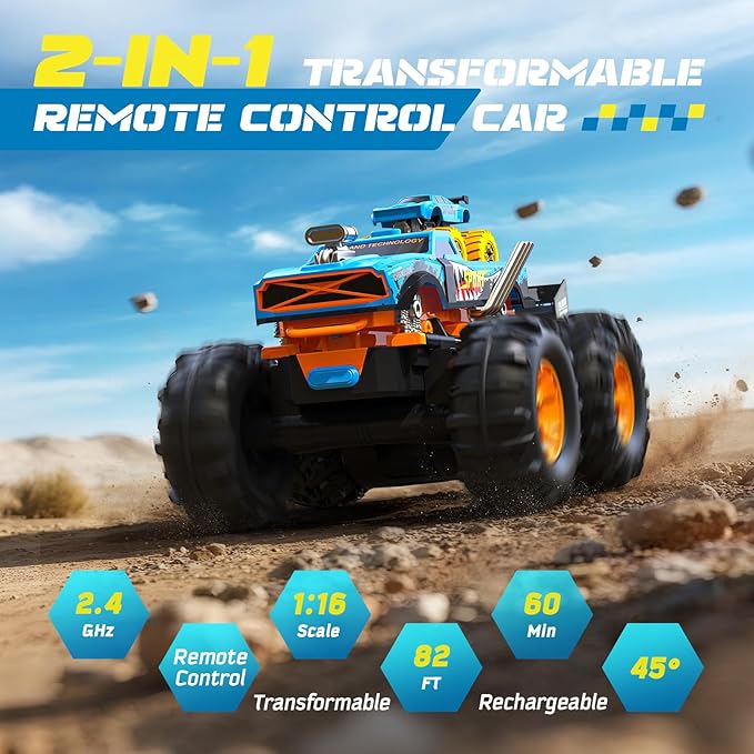 2-in-1 Remote Control Car with Transform Launcher Track – 1:16 RC Monster Truck Toys 2.4GHz Self-Standing 360° Flips Towing Mini Cars &amp Electric Scoring Gate Truck Gift for Kids Boys Girls Age 4-