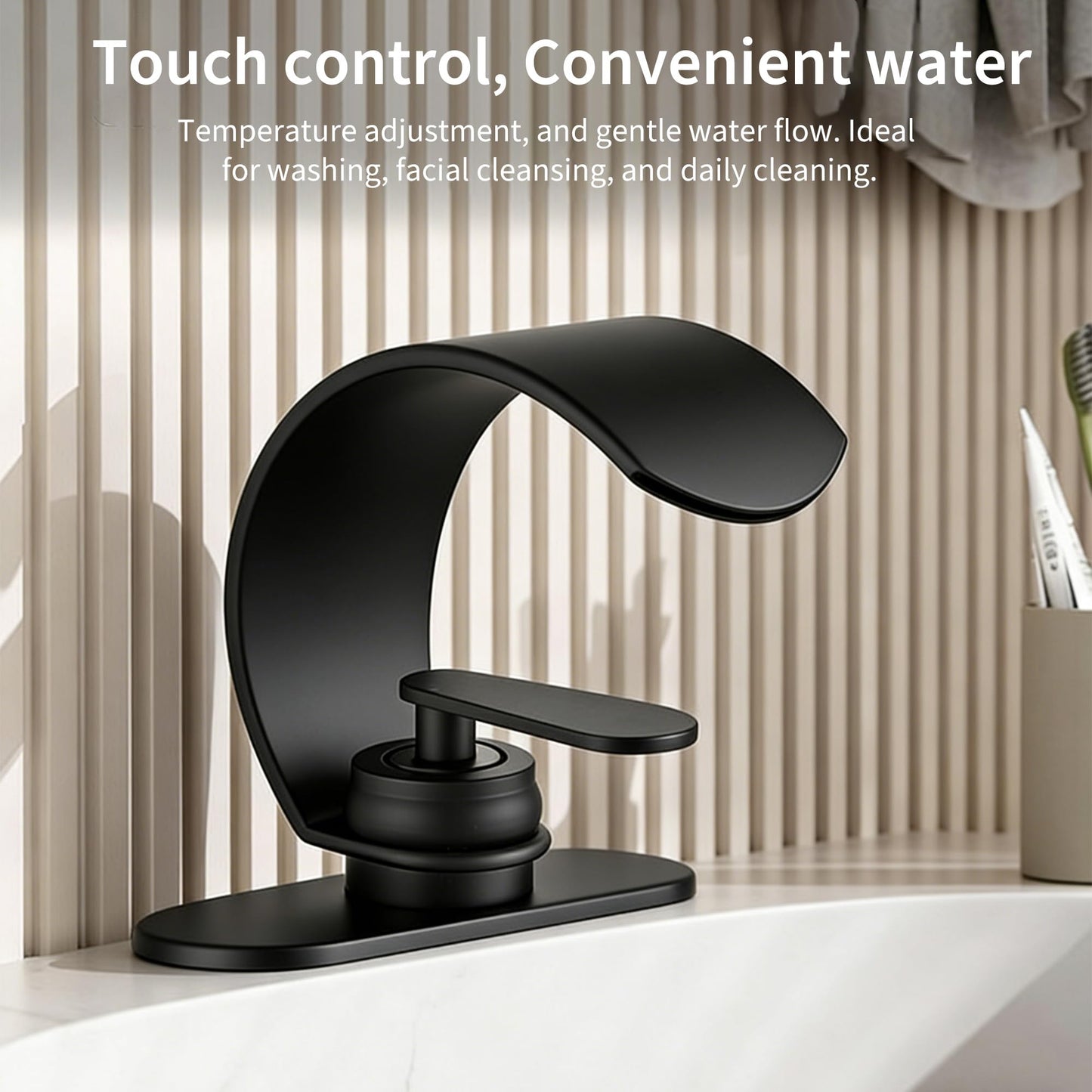 Ameletai Black Waterfall Single Hole Bathroom Sink Faucet, 304 Stainless Steel Single Handle Modern Bathroom Faucet, Snake Shape Design Basin Tap, Single Handle Basin Tap with Pop Up Drian Supply Line