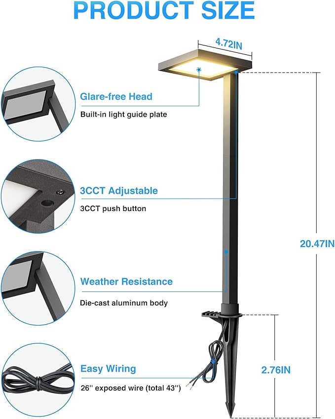 SUNVIE 3CCT Low Voltage Pathway Lights Wired Pathway Lights Outdoor 5W 3000K Anti Glare LED Low Voltage Landscape Lighting Waterproof Landscape Path Lights for Walkway Backyard Garden Patio, 4 Pack