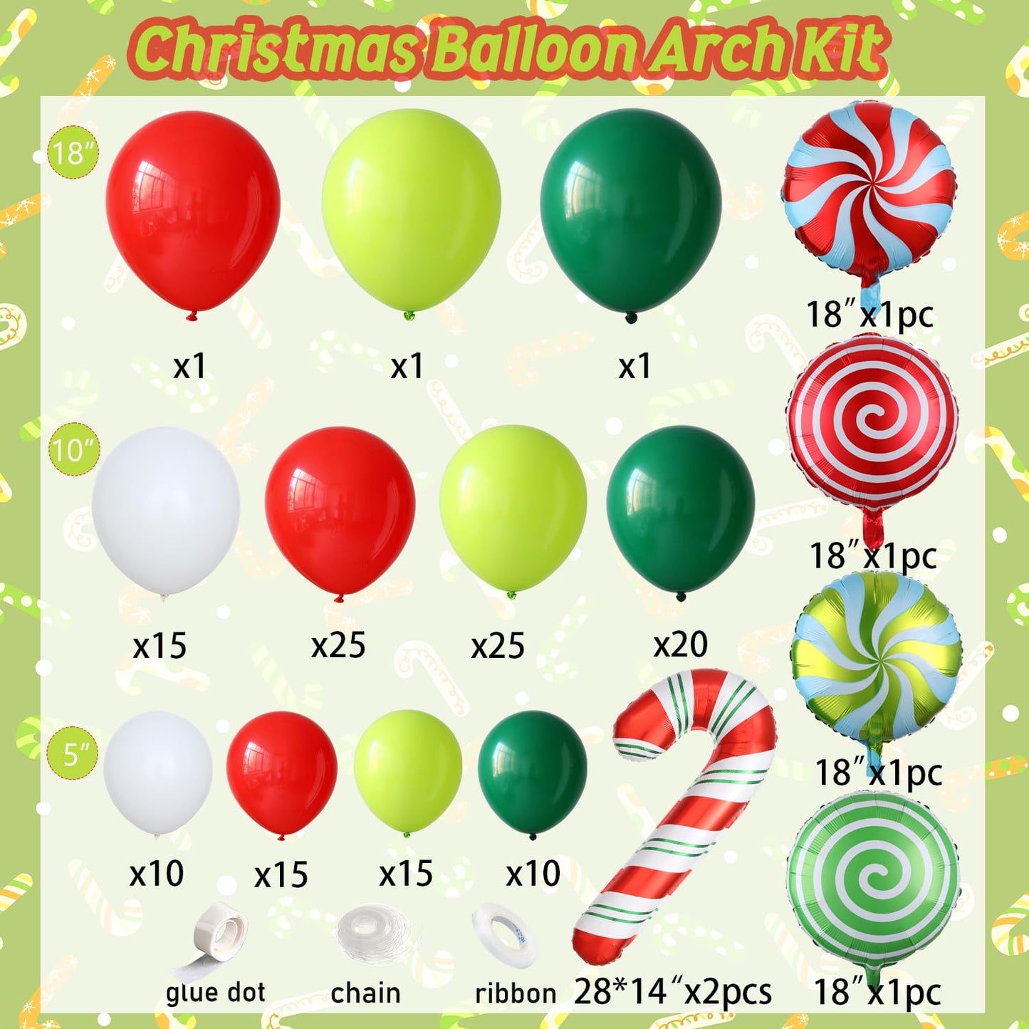 147 Pcs Christmas Balloon Garland Arch Kit with Xmas Red and Green Candy Cane foil Balloons, Red Green White Candy Balloons for for Christmas Party Decorations Birthday Supplies