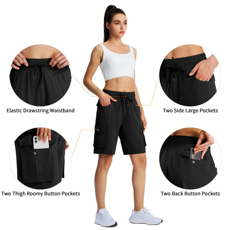 Hugut Women's 9" Hiking Cargo Shorts Quick Dry Lightweight Summer Shorts for Camping Travel Golf 6 Pockets Black