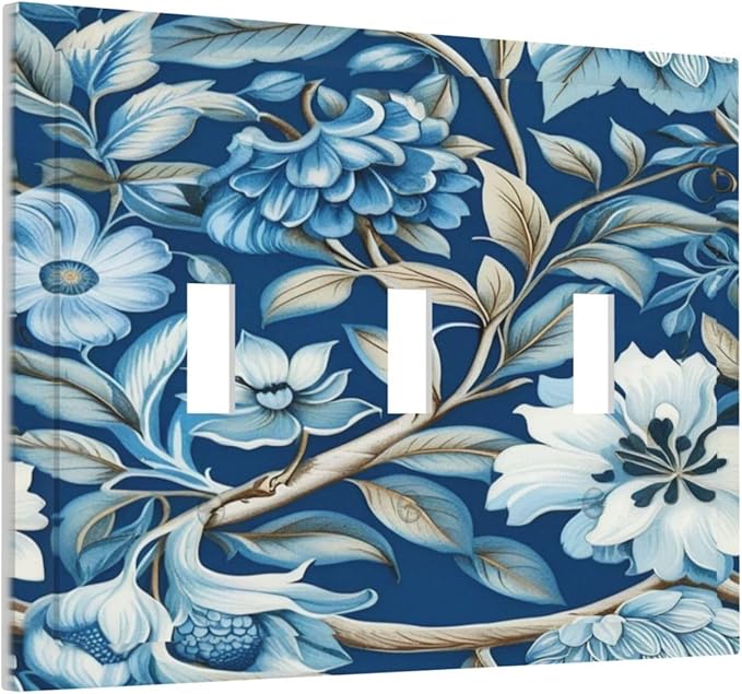 Blue Flowers Branches Leaves Floral Pattern Light Switch Covers 3 Gang Triple Toggle Wall Plate Decorative Switchplate Electrical Faceplate for Farmhouse Living Decor