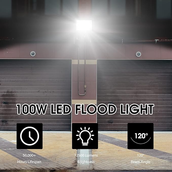 4 Pack 100W LED Flood Light, IP66 Waterproof Outside Flood Light, 12500LM Super Bright Outdoor Security Lights, 5000K Daylight White Floodlight for Yard Garden Playground Basketball Court Patio