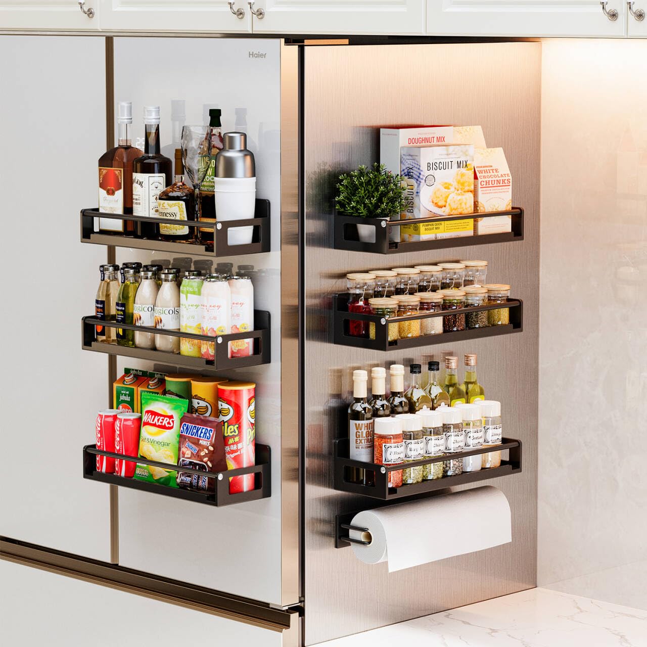 5 Pack Magnetic Spice Storage Rack Organizer for Refrigerator and Oven, Black Fridge Organizers and Storage, Paper towel holder, Punch and no-punch dual purpose (Black, 5p)
