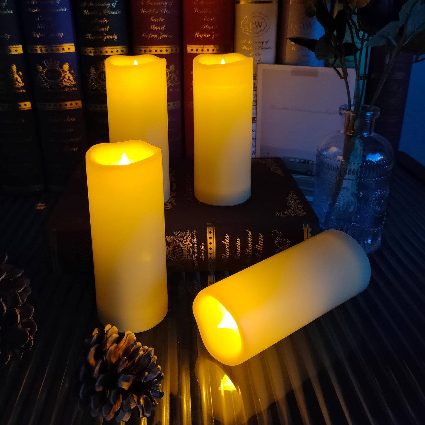 4 Pack Outdoor Flameless Pillar Candles with Remote and Timer Battery Operated Waterproof Electric LED Candle Set for Home Décor HHalloween Party Wedding Supplies Garden Christmas Decoration 2”x5”