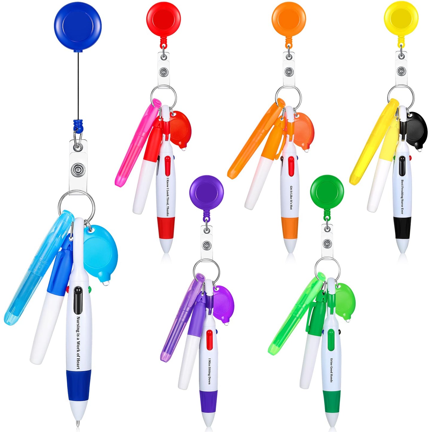 Chinco 30 Pcs Retractable Shuttle Pen Clip with Mini Highlighter Nurse Badge Pen Neon Marker LED Keychain Ring Clip for Nurse Gift(Stylish,Mix Color)