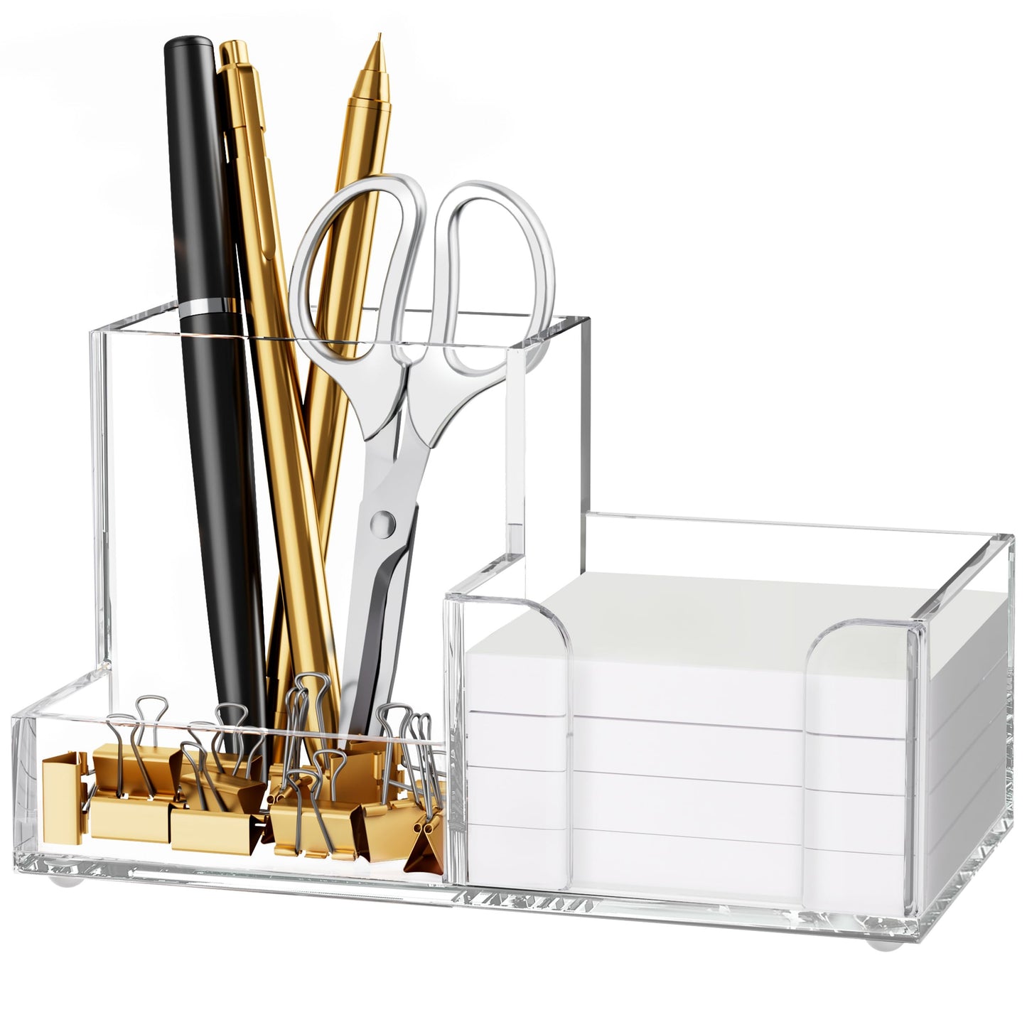 HBlife Acrylic Pen Holder for Desk, 3-Compartment Small Desk Organizer, Clear Office Supplies Desk Accessories with Sticky Notes Holder Stores Post It Notes 3X3 for Office, Home and School