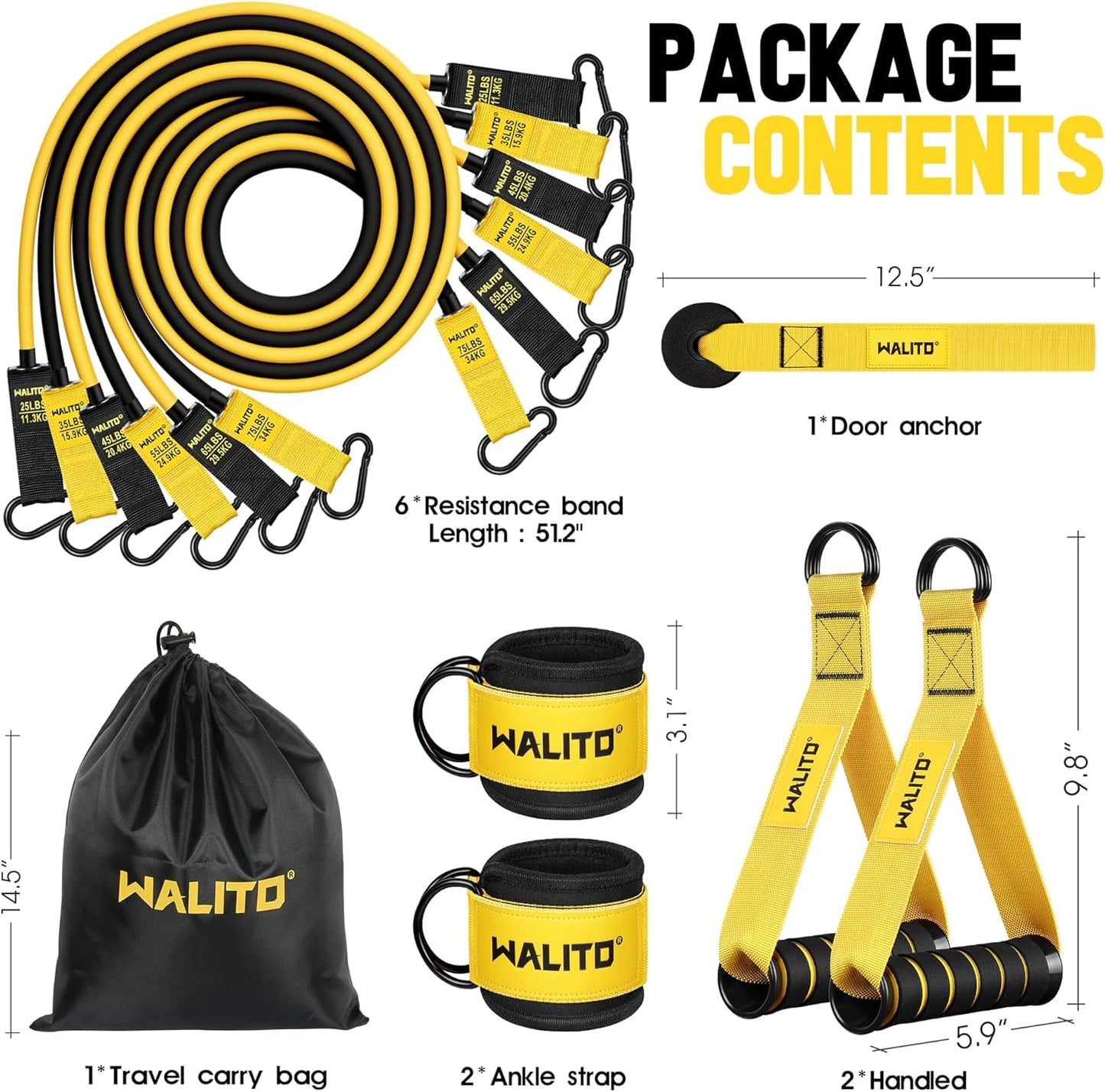 WALITO Resistance Bands Set - Exercise Bands with Handles, Door Anchor, Legs Ankle Straps, for Heavy Resistance Training, Physical Therapy, Muscle Training, Yoga, Home Workouts, Gym