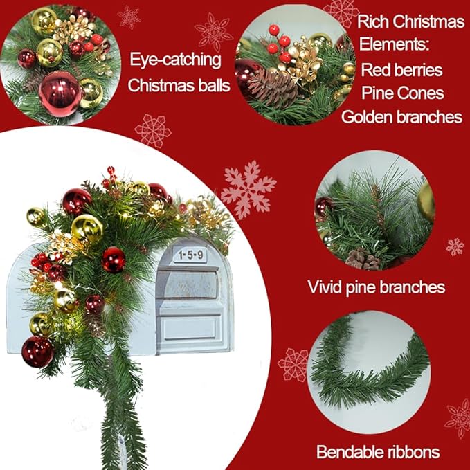 Prelit Christmas Mailbox Swag with Lights - Pine Teardrop Swag Christmas Decoration for Xmas Holiday Indoor/Outdoor Home Decor