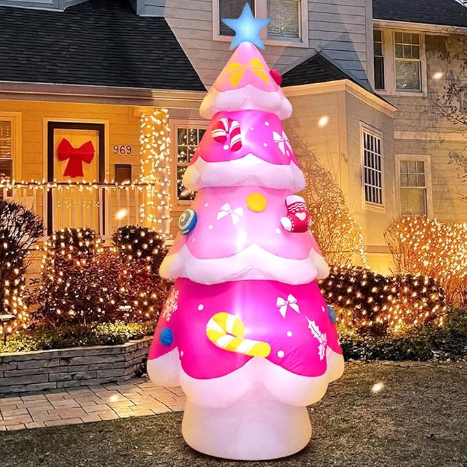 KOOY 7FT Inflatable Christmas Tree Pink Christmas Blow up Yard Decoration with LED Lights for Party Holiday Outdoor Indoor Lawn Winter Xmas Décor