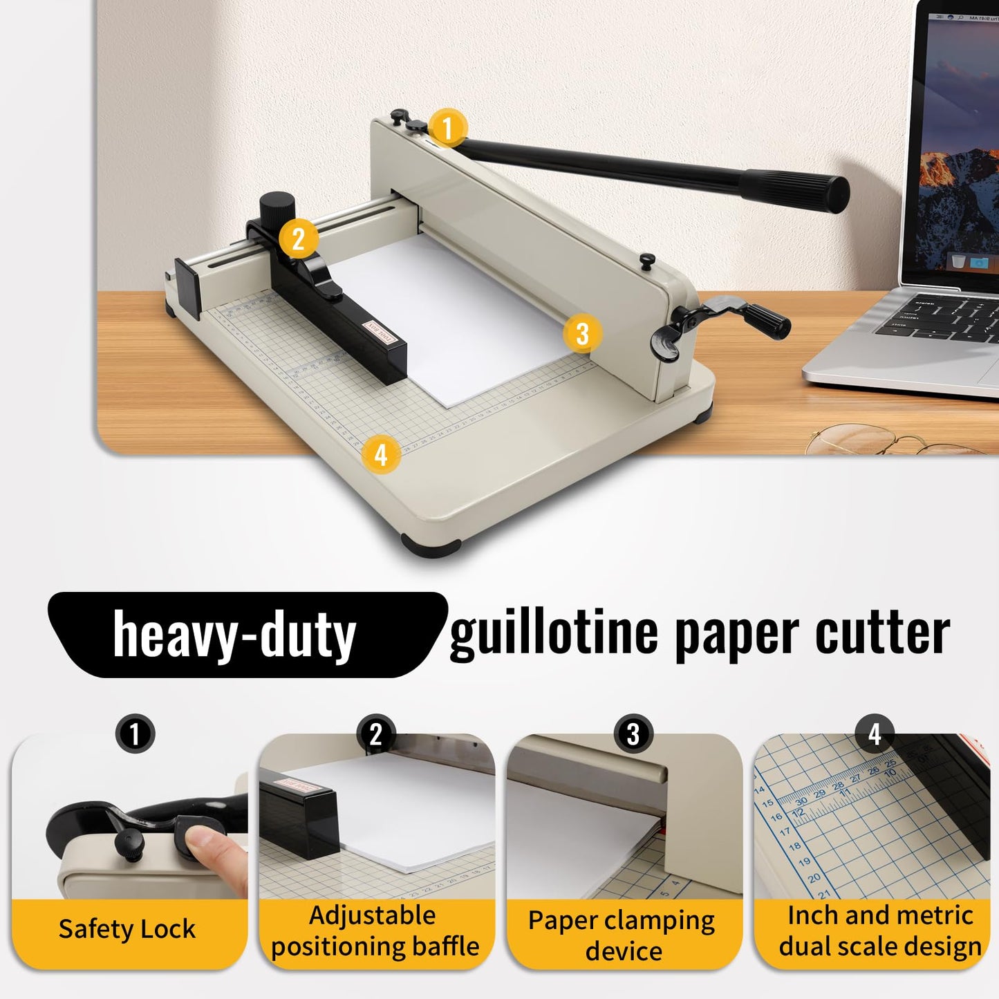 Guillotine Paper Cutter Heavy Duty 400 Sheet Capacity，Paper Cutter 12 Inch for A4 Paper with HSS Blade,Industrial Commercial Trimmer for Office,School,Print Shop,Safety Lock & Clear Grids
