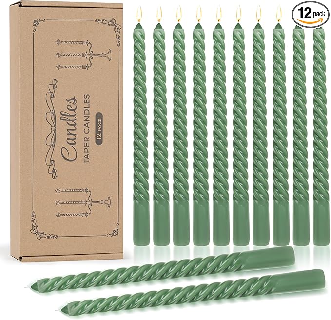 Tobeape Sage Green Twisted Taper Candles Set of 12, 10 Inch Tall Unscented Dripless, Smokeless Spiral Christmas Tapered Candlestick for Wedding Home Décor Dinner St. Patrick's Day- 8 Hour Long Burning