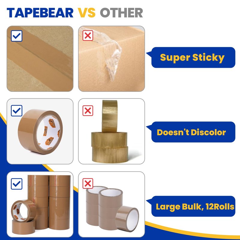 TAPEBEAR Brown Packing Tape with Dispenser, 2.6mil Thick, 1.88" x 55Yard Secure Sticky Brown Tape Heavy Duty Packaging Tape Refills for Carton Sealing, Shipping, Mailing & Storage