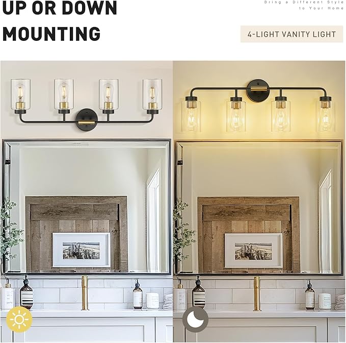 zeyu Farmhouse 4-Light Bathroom Vanity Light, 30 Inch Bathroom Lights Over Mirror, Black and Gold Finish with Clear Glass, ZS62B-4W BK+BG