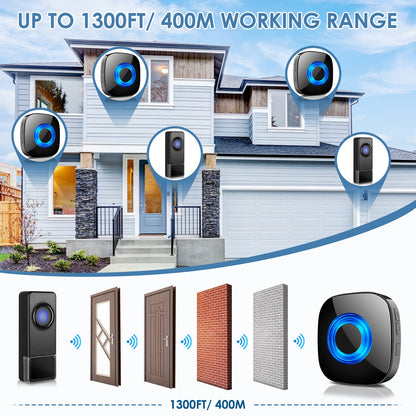Wireless Doorbell - PHYSEN Door bell Chimes with Mute Mode - 58 Ringtones&5 Volume Levels Operating at 1300-ft Range LED Strobe, 2 Transmitters+3 Receivers Waterproof Doorbell Kit for Home/Classroom