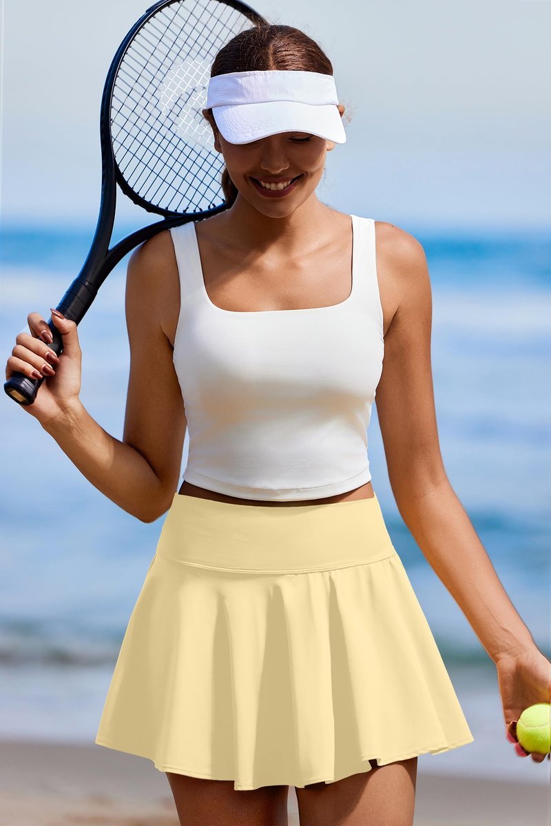 PINSPARK Athletic Skirts for Women Pleated Tennis Skort with Pockets Mini Pickleball Skirt Stretchy Sports Skirts, Butter Yellow XXL
