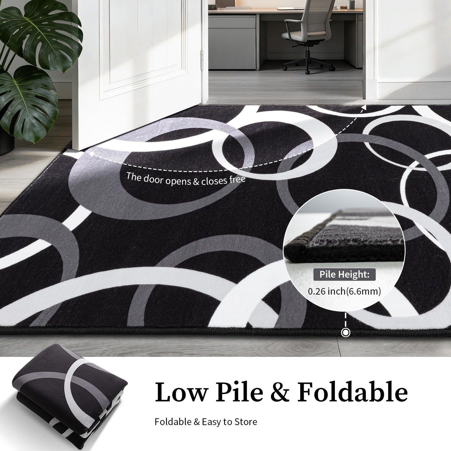 YIHOUSE Washable 5x7 Area Rugs for Living Room, Modern Black and White Rug for Bedroom Non Slip Low Pile, Modern Circle Pattern Carpet for Dining Room Playroom Home Office Decor