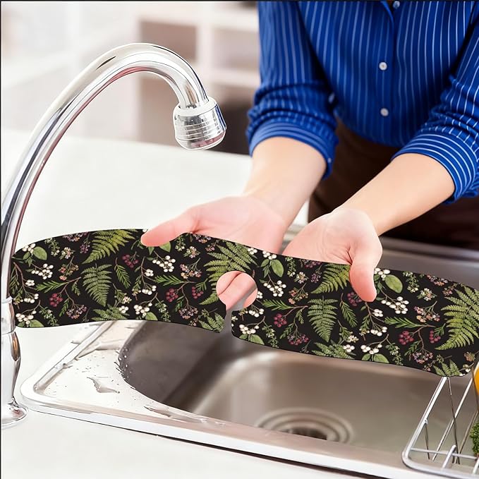 2 Pcs Kitchen Sink Splash Guard Faucet Mats Vintage Fern and Berries Pattern