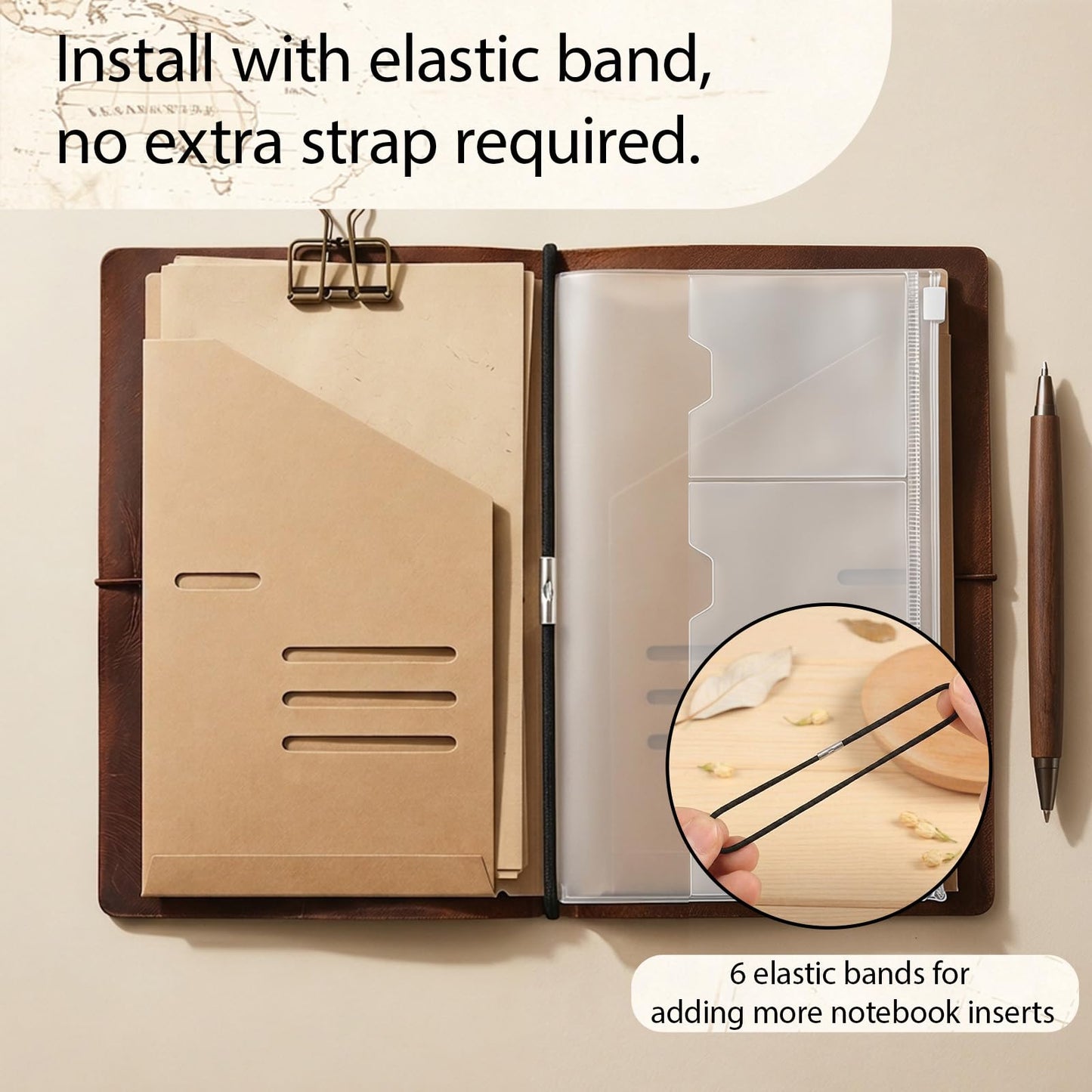 Travelers Notebook Accessories Kit - Kraft File Folders, PVC Zipper Pouches, Pen Holders, Binder Clips, Elastic Bands for Travel Journal Organizer(2 Pack, A5 Size)