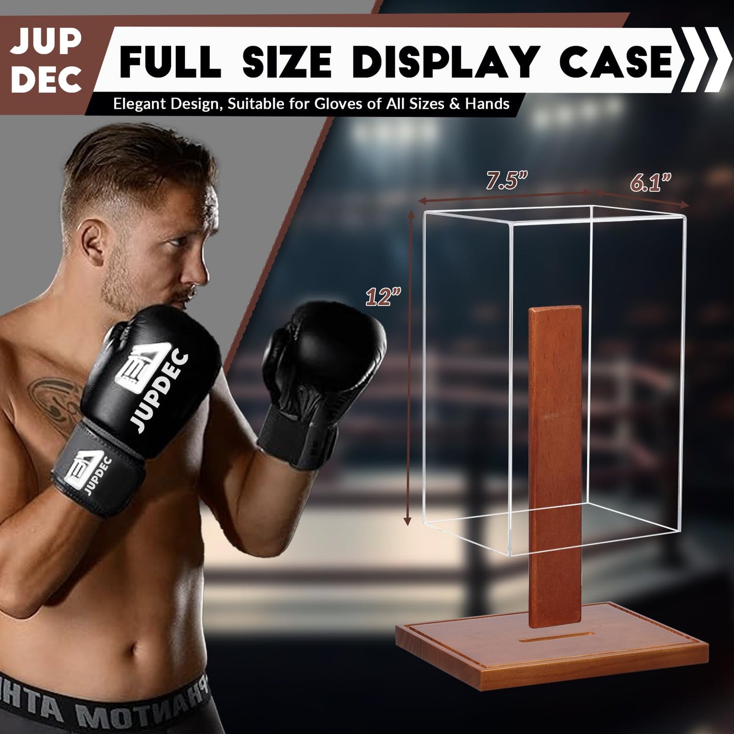 JupDec Boxing Glove Display Case, Clear Acrylic Showcase with Wood Base & Plank for Single Glove, Full Size UV Protection Souvenirs and Collectibles Box, Ideal Gift for Boxing Fans