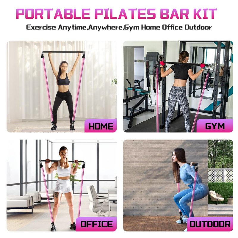 VEICK Pilates Bar Kit with Resistance Bands, Elastic Workout Bands for Men and Women, Set of 5 Resistance Loop Bands for Home Fitness, Stretching, Strength Training, Physical Therap, Purple