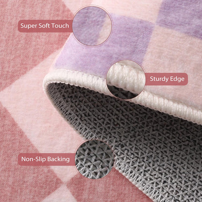 Morebes Checkered 5x7 Pink Rug for Bedroom Girls, Machine Washable Area Rug for Living Room Non Slip, Soft Low-Pile Nursery Carpet for Kids Room Dorm Dining Room (Pink,5'x7')