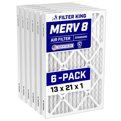 Filter King 13x21x1 Air Filter (MERV 8) (6-Pack) Dust & Allergy Control AC Furnace Filters, MADE IN USA, HVAC, Pleated, Electrostatic (Actual Size: 13 x 21 x .75)