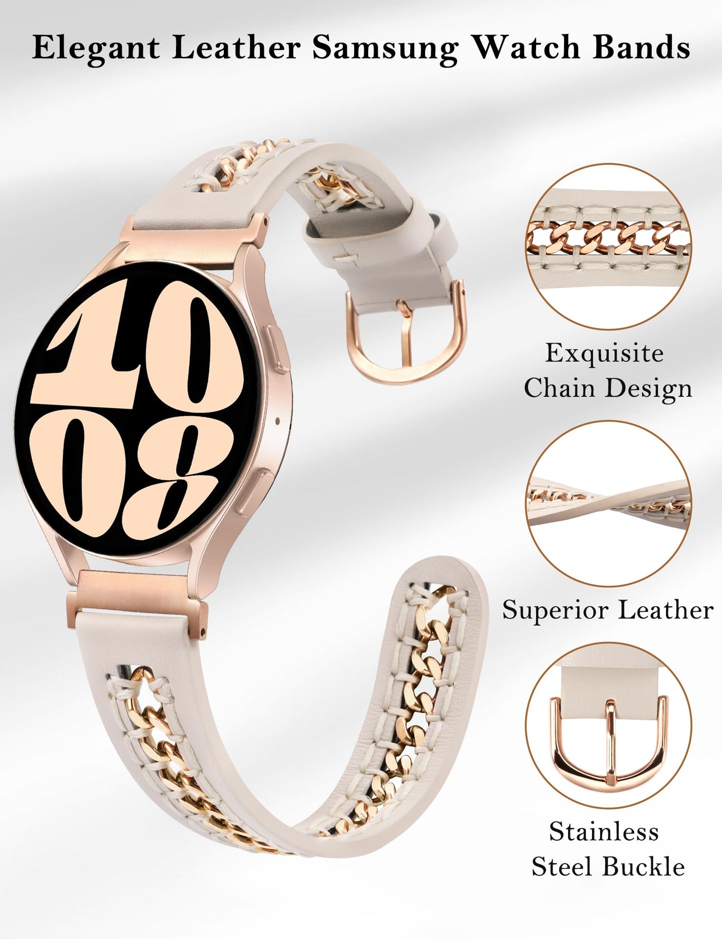 Minyee Leather Band Compatible with Samsung Galaxy Watch 7/6/5/4/FE/Active 2 40mm 44mm/Watch 6 Classic 43mm 47mm/Watch 5 Pro 45mm Bands, 20mm Dressy Leather Strap with Metal Chain, Starlight/Rose Gold