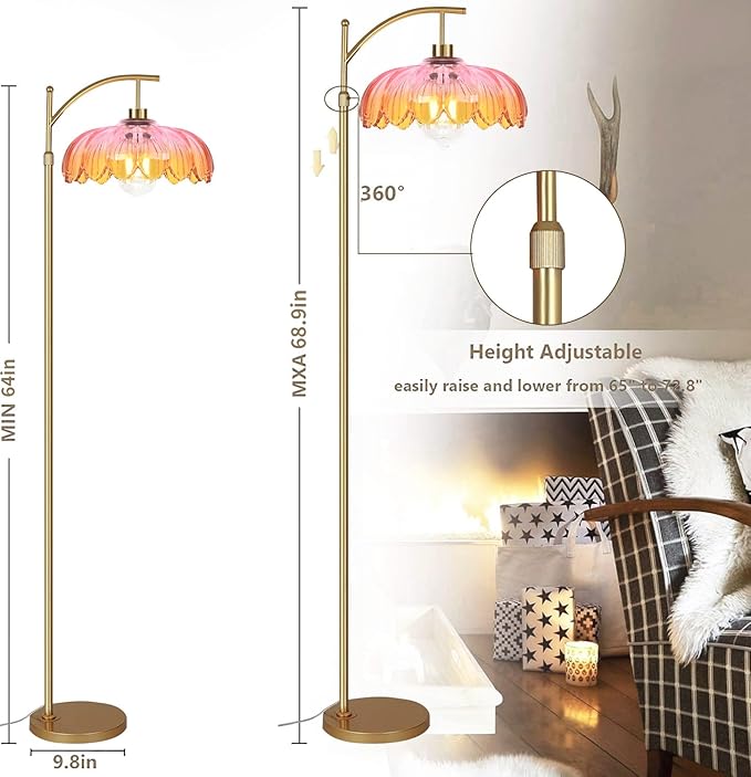 Floor Lamp for Living Room,Bedroom,Gold Dimmable Standing Lamp with Remote,Mid Century Modern Brass Tall Lamp Retro Vintage Glass Lamp Floor Light Boho Bohemian