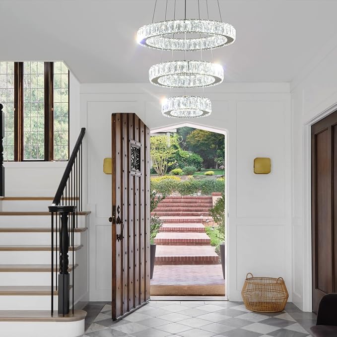 FRIXCHUR Modern LED Chandeliers Crystal Pendant Light 3 Ring Chandelier Hanging Crystal Ceiling Light Fixture Adjustable Pendant Light for Living Room Dining Room Bedroom Foyer Gold (Cool White)
