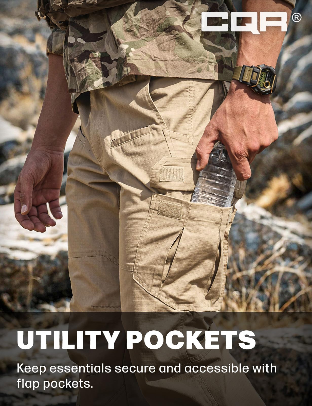 CQR Men's Tactical Pants, Water Resistant Ripstop Cargo Pants, Lightweight EDC Work Hiking Pants, Outdoor Apparel, Raider Khaki, 40W x 30L