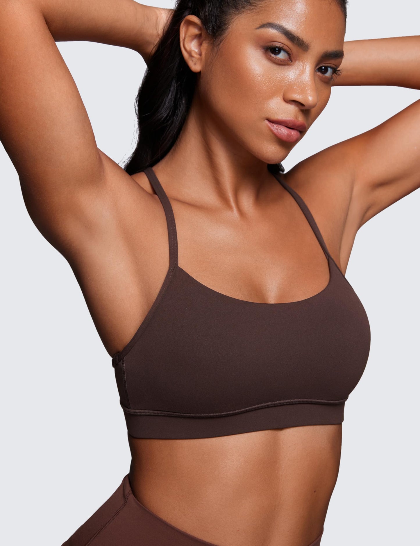 CRZ YOGA Butterluxe Y Back Sports Bras for Women - Padded Racerback Low Impact Spaghetti Thin Strap Workout Yoga Top Hot Fudge Brown X-Large