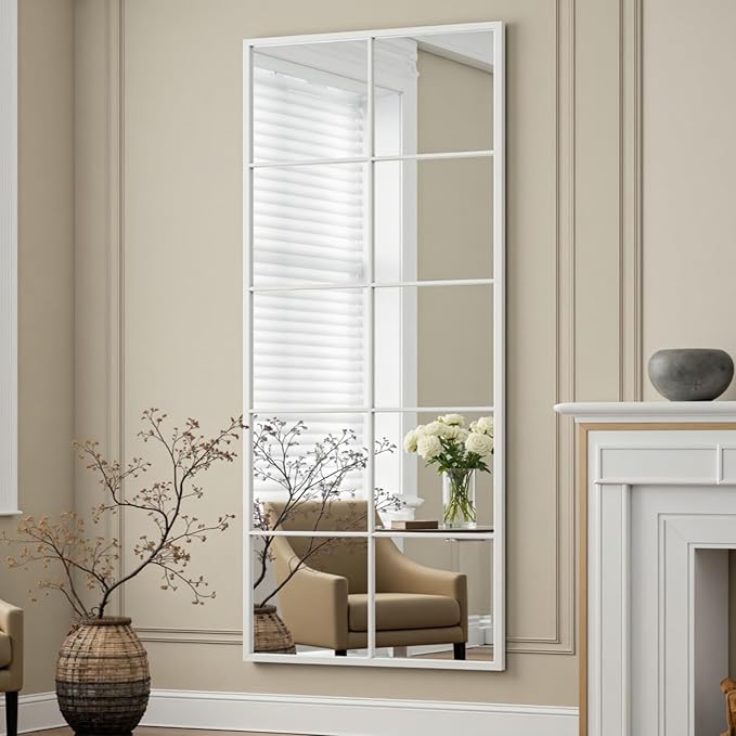 Full Length Mirror, 65"x24" Window Pane Mirror for Wall Decor, White Full Body or Wall Mounted Mirrors, Farmhouse Standing Mirrors Hanging or Leaning for Living Room, Entryway, No Stand