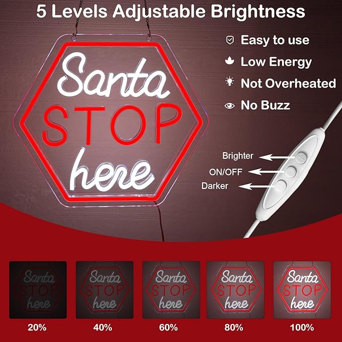 Santa Stop Here Neon Sign – Christmas LED Wall Light, Holiday Decoration for Home, Porch, or Party