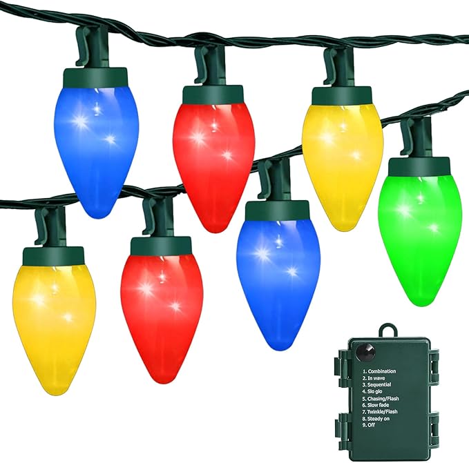 C7 35 LED Battery Operated Christmas Lights,Battery Powered Multicolor Waterproofing Bulbs,13FT 8 Modes with Auto On/Off Time for Xmas Tree Garden Patio Indoor Outdoor Christmas Decorations