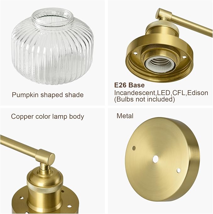 Vintage Wall Sconces with Clear Pumpkin Glass Lampshade, Indoor Bath-Room Wall Sconce, Modern Gold Industrial Lighting Fixture for Mirror Living Room Hallway 2 Pack