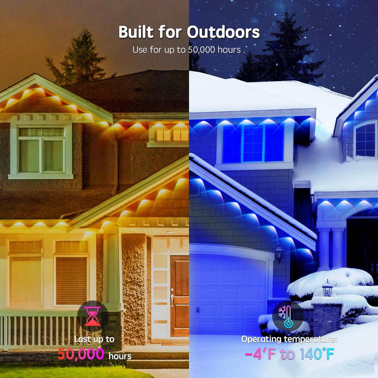 Vrribonx 50FT Permanent Outdoor RGB Lights,IP67 Waterproof Smart LED Eaves Lights with App/Remote Control,for Christmas and All Holiday Decor,Daily and Accent Lighting,House Roof and Garden Lighting