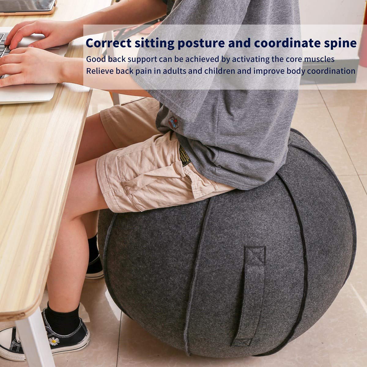 XGYLVFEI 65cm Sitting Ball Chair for Office, Dormitory and Home, Pilates Exercise Yoga Ball with Cover, Lightweight Self-Standing Ergonomic Posture Activated Exercise Ball with Handle