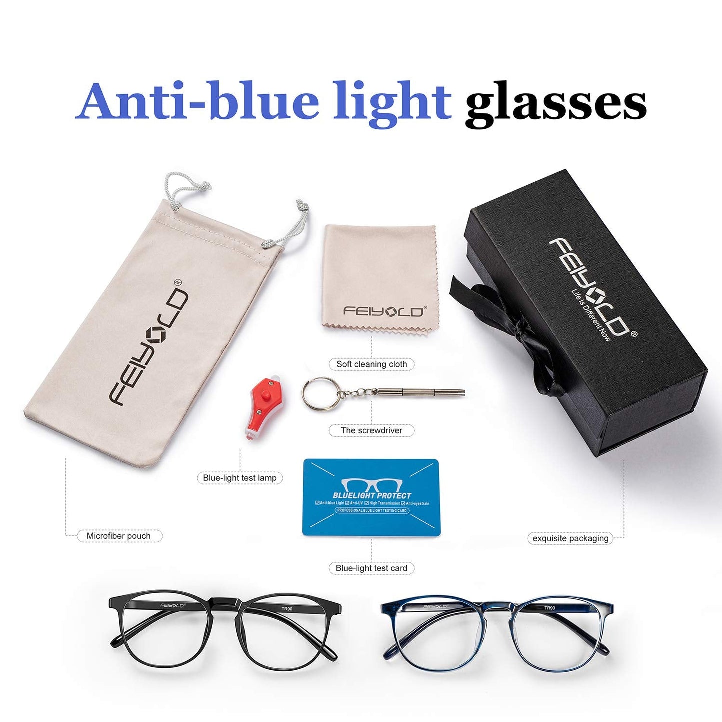 FEIYOLD Blue Light Blocking Glasses Women/Men,Retro Round Anti Eyestrain Computer Gaming Glasses(Black+Blue)