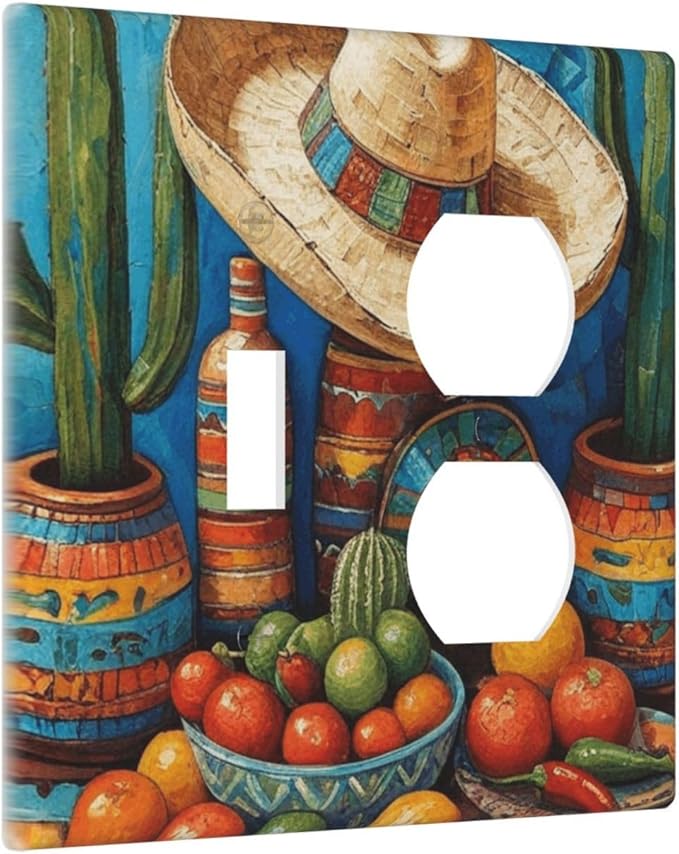 Decorative Art Light Switch Covers Mexican Sombrero & Serape Vibes 2 Gang Single Toggle Duplex Combination Electrical Faceplate Switchplate Wall Plate for Home Decor