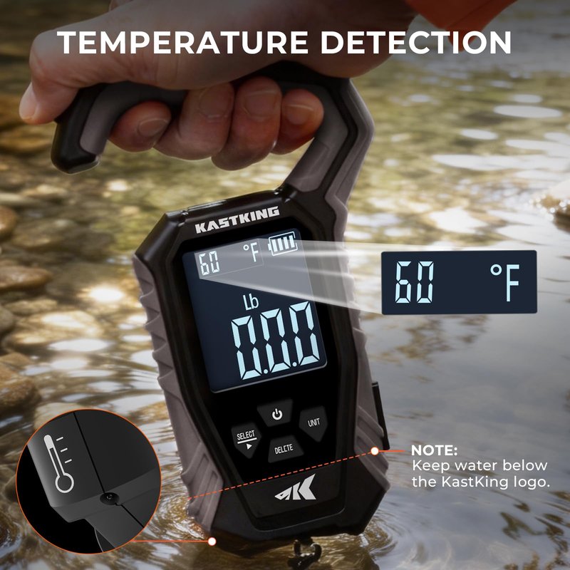 KastKing Weighmaster Mechanical-Digital Fishing Scale with Lip Gripper, 120 lb Capacity, 2.5" Backlit Display, High-Precision Sensor, 9 Weight Memory, Temperature Detection, IPX6 Waterproof